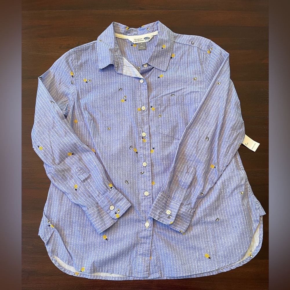 Old Navy Women’s Blue Striped with Pineapples and Avocados Print Button-Up Shirt